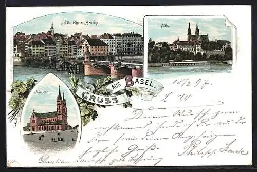 Lithographie Basel, Alte Rhein-Brücke, Pfalz, Münster