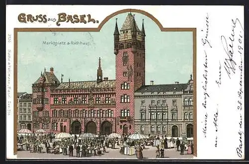 Lithographie Basel, Marktplatz und Rathaus