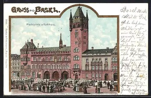 Lithographie Basel, Marktplatz mit Rathaus