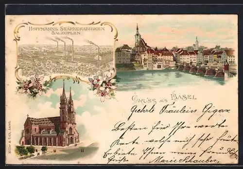 Lithographie Basel, Münster, Reklame für Hoffmanns Stärkefabriken in Salzuflen