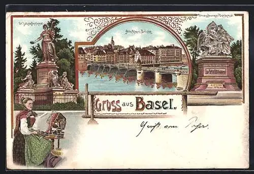 Lithographie Basel, St. Jacobs Denkmal, alte Rheinbrücke, Strassburger Denkmal