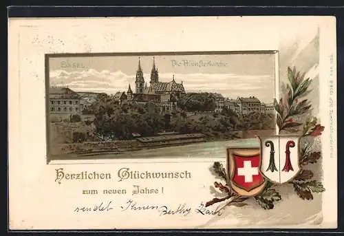 Passepartout-Lithographie Basel, Münsterkirche, Wappen, Neujahrsgruss