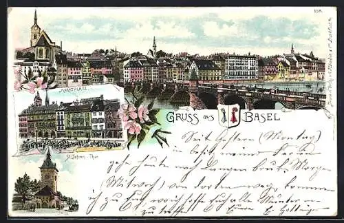 Lithographie Basel, St. Johann-Tor, Marktplatz, Stadtpanorama, Wappen