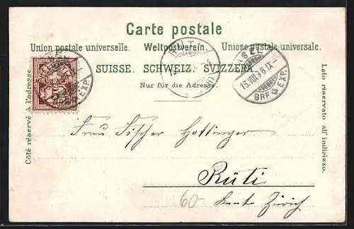 Lithographie Basel, St. Johann-Tor, Marktplatz, Stadtpanorama, Wappen