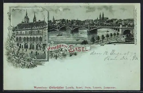 Mondschein-Lithographie Basel, Teilansicht mit Brücke, Rathaus