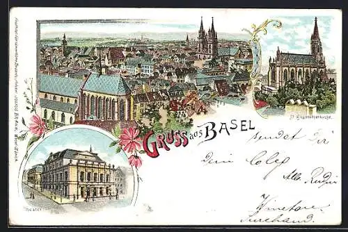 Lithographie Basel, Theater, St. Elisabethenkirche, Gesamtansicht