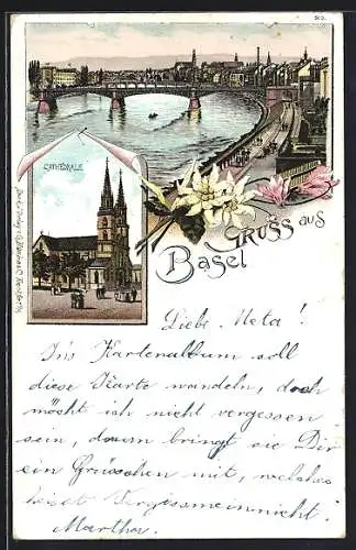 Lithographie Basel, Cathedrale, Uferstrasse mit Strasse, Brücke und Stadtpanorama, Blumen