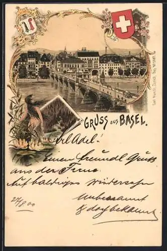 Lithographie Basel, Brücke mit Stadtpanorama, Wassernixe im Fluss, Wappen