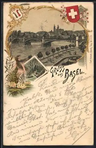 Lithographie Basel, Wassernixe zwischen Seerosen, Stadtpanorama mit Uferstrasse und Brücke, Wappen