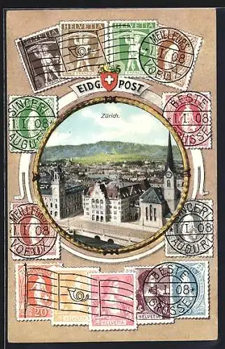 AK Zürich, Eidg. Post mit Strasse aus der Vogelschau, im Rahmenkranz, Schweizer Briefmarken