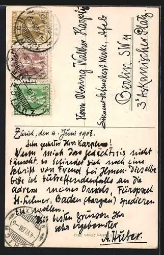 AK Zürich, Eidg. Post mit Strasse aus der Vogelschau, im Rahmenkranz, Schweizer Briefmarken