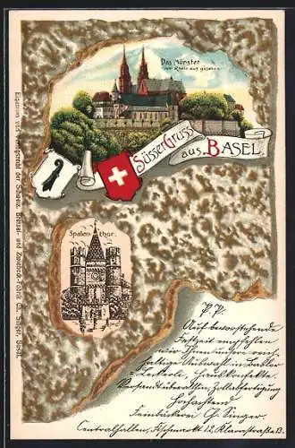 AK Basel, Das Münster, Spalenthor u. Wappen