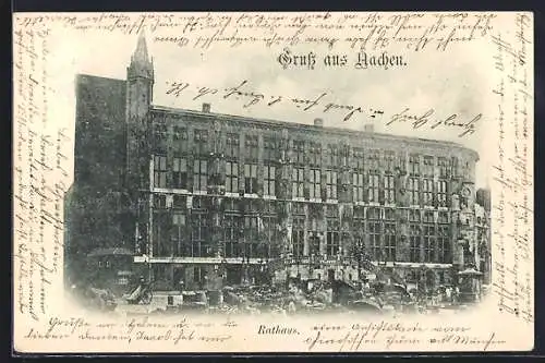 AK Aachen, Rathaus mit Markttreiben aus der Vogelschau