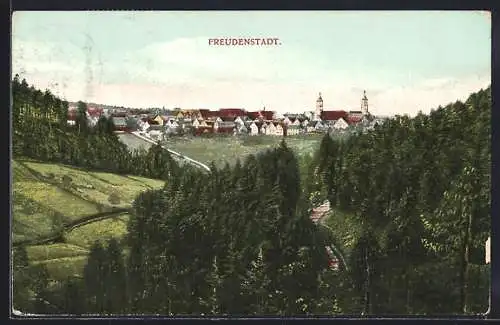 AK Freudenstadt, Ortsansicht mit Landstrasse und Bahnstrecke