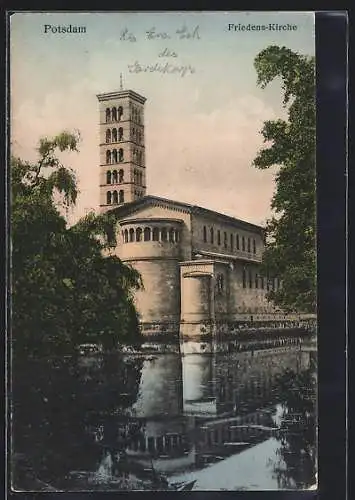 AK Potsdam, Friedens-Kirche mit Spiegelbild im Wasser