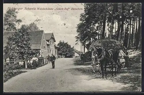 AK Zwochau / Röcknitz, Gasthaus-Waldschänke Glück-Auf. Pferdekarren