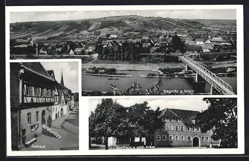 AK Segnitz a. Main, Gasthaus z. gold. Adler, Rathaus, Flusspartie mit Brücke