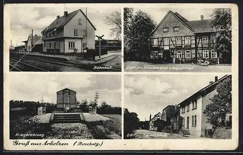 AK Arholzen /Brschwg., Bahnhof, Gasthaus von August Frost, Dorfpartie mit Schule, Kriegerdenkmal