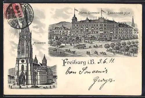 Lithographie Freiburg i. B., Hotel Sommer, Zähringer Hof, Münster