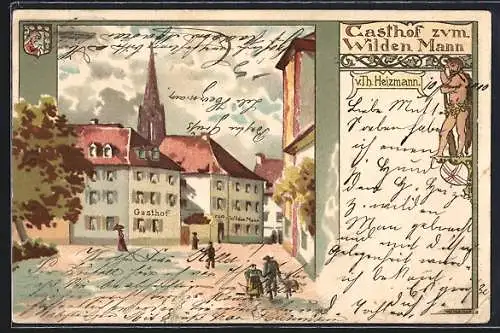 Lithographie Freiburg i. B., Gasthof zum Wilden Mann, Bes. Th. Heizmann