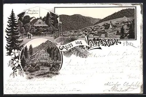 Lithographie Lautenthal i. Harz, Hotel und Pension Prinzess Caroline, Ortsansicht