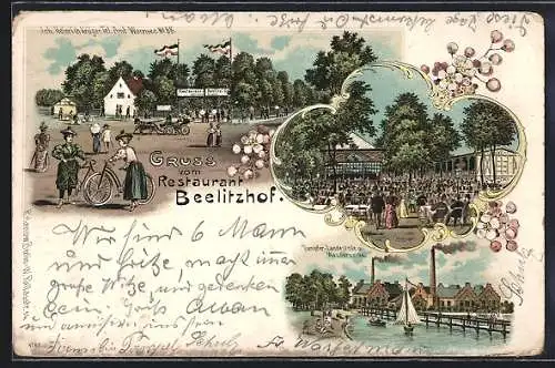 Lithographie Berlin-Wannsee, Restaurant Beelitzhof, Dampfer-Landestelle u. Wasserwerke