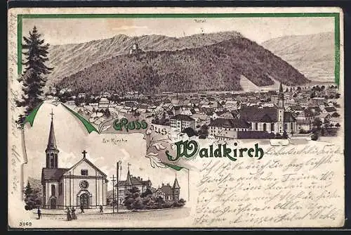 Lithographie Waldkirch / Breisgau, Totalansicht und Evangelische Kirche