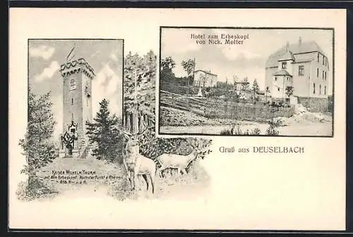 AK Deuselbach, Hotel zum Erbeskopf, Bes. Nick. Molter, Kaiser Wilhelm-Turm