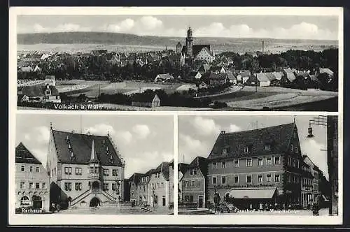 AK Volkach a. Main, Gasthof zur Mainbrücke, Rathaus und Totalansicht