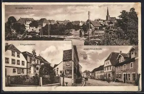 AK Grosslangheim, Strasse, Kriegerdenkmal und Flusspartie