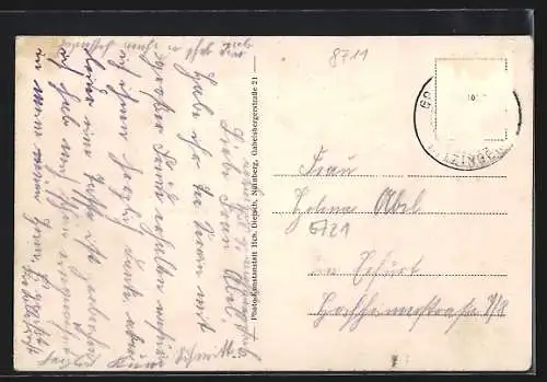 AK Grosslangheim, Strasse, Kriegerdenkmal und Flusspartie