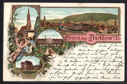 Lithographie Dürkheim, Bahnhof, Kinderheilstätte, Colonnade, Schloss-Kirche, Eisenbahn, Wappen