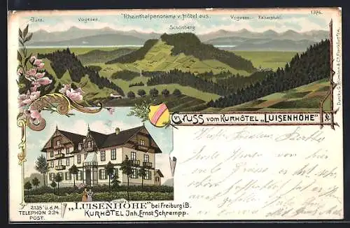 Lithographie Freiburg i. B., Kurhôtel Luisenhöhe, Rheinthalpanorama mit Schönberg, Vogesen und Jura