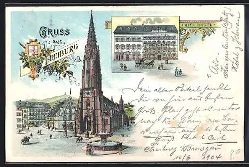 Lithographie Freiburg i. B., Hotel Engel, Blick auf das Münster