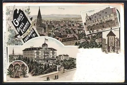 Lithographie Freiburg / Breisgau, Teilansicht, Rathaus, Martinsthor