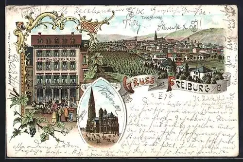 Lithographie Freiburg / Breisgau, Gasthaus zum Goldenen Falken, Münster, Totalansicht