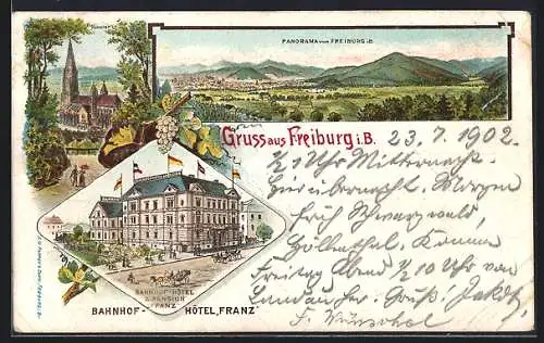 Lithographie Freiburg i. B., Bahnhof-Hotel & Pension Franz, Münster, Totalansicht