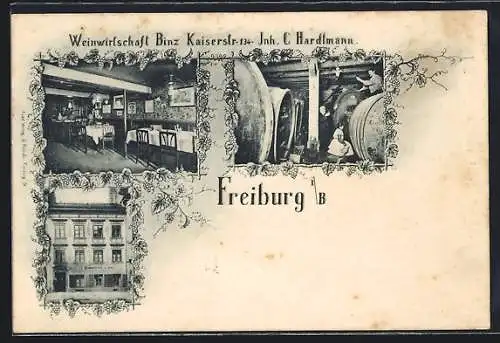 AK Freiburg i. B., Gasthaus Binz v. C. Hardtmann, Gaststube und Weinkeller, Kaiserstrasse 134