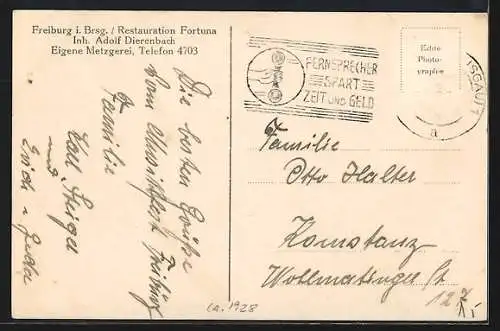 AK Freiburg / Breisgau, Restaurant Fortuna v. Adolf Dierenbach, Totalansicht