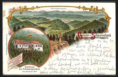 Lithographie Schauinsland, Rheintalpanorama, Gasthaus zur Friedrichshöhe