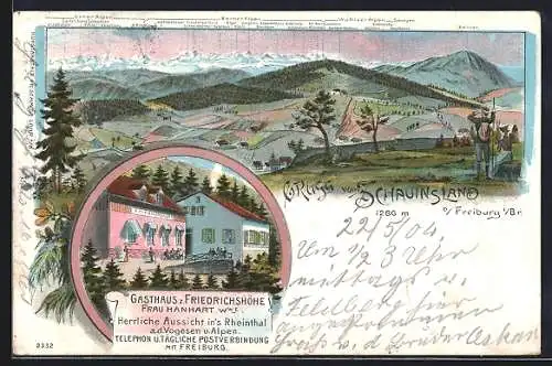 Lithographie Schauinsland b. Freiburg / Breisgau, Gasthaus z. Friedrichshöhe v. Frau Hanhart, Alpenpanorama