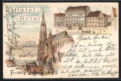 Lithographie Freiburg i. B., Gasthof-Hotel zum Geist, Münster