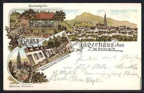 Lithographie Freiburg i /B., Restaurant Jägerhäus`chen, Gartenhalle, Kirche