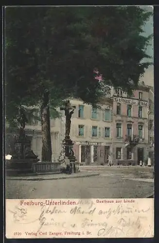 AK Freiburg-Unterlinden / Breisgau, Gasthaus zur Linde mit Denkmal