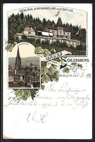 Lithographie Freiburg i. Br., Restaurant und Weinhandlung von G. Dattler auf dem Schlossberg, Münster