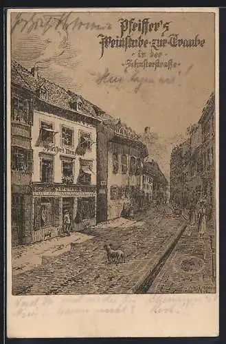 Künstler-AK Arch. B. Bopp: Freiburg / Breisgau, Pfeiffer`s Weinstube zur Traube in der der Schusterstrasse, Gasthaus