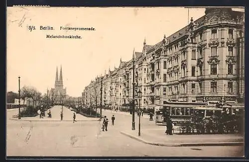 AK Berlin, Fontanepromenade mit Melanchthonkirche, Geschäften und Strassenbahn