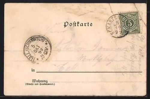 Lithographie Ilshofen, Krankenhaus, Schule, Post u. Tor
