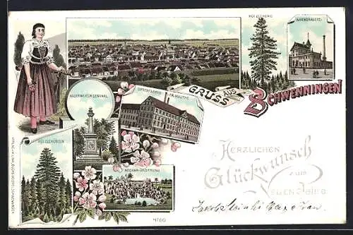 Lithographie Schwenningen / Neckar, Blick auf Kaiser-Wilhelm-Denkmal, Uhrenfabrik und Neckar-Ursprung