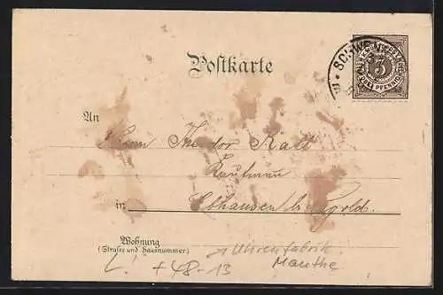 Lithographie Schwenningen / Neckar, Blick auf Kaiser-Wilhelm-Denkmal, Uhrenfabrik und Neckar-Ursprung